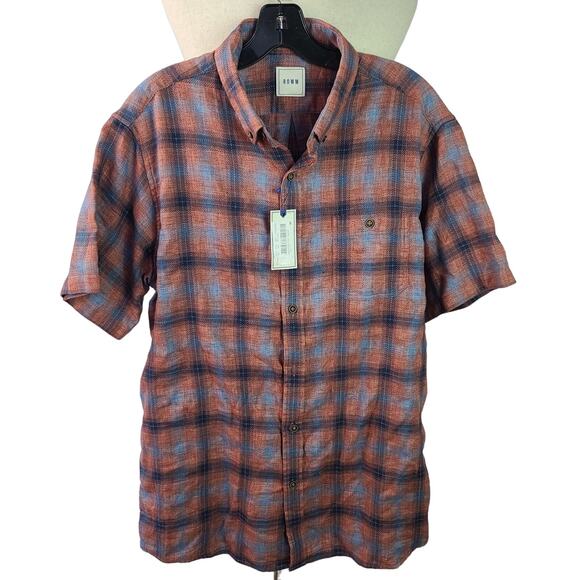 ROWN Brown Red Plaid PAIR Men's Short Sleeve Button Up Shirts NEW Large - Picture 2 of 6